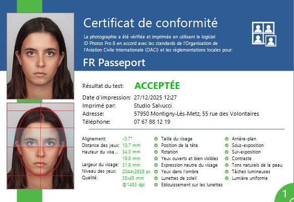 Certificat de conformité pour des photos d'identité