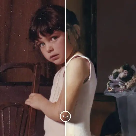 Restauration d'une photo d'une jeune danseuse (avant après)