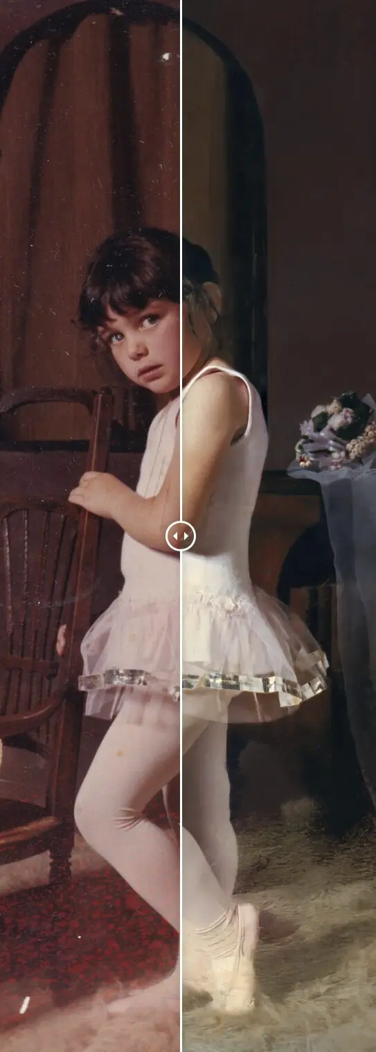 Restauration d'une photo d'une jeune danseuse (avant après)