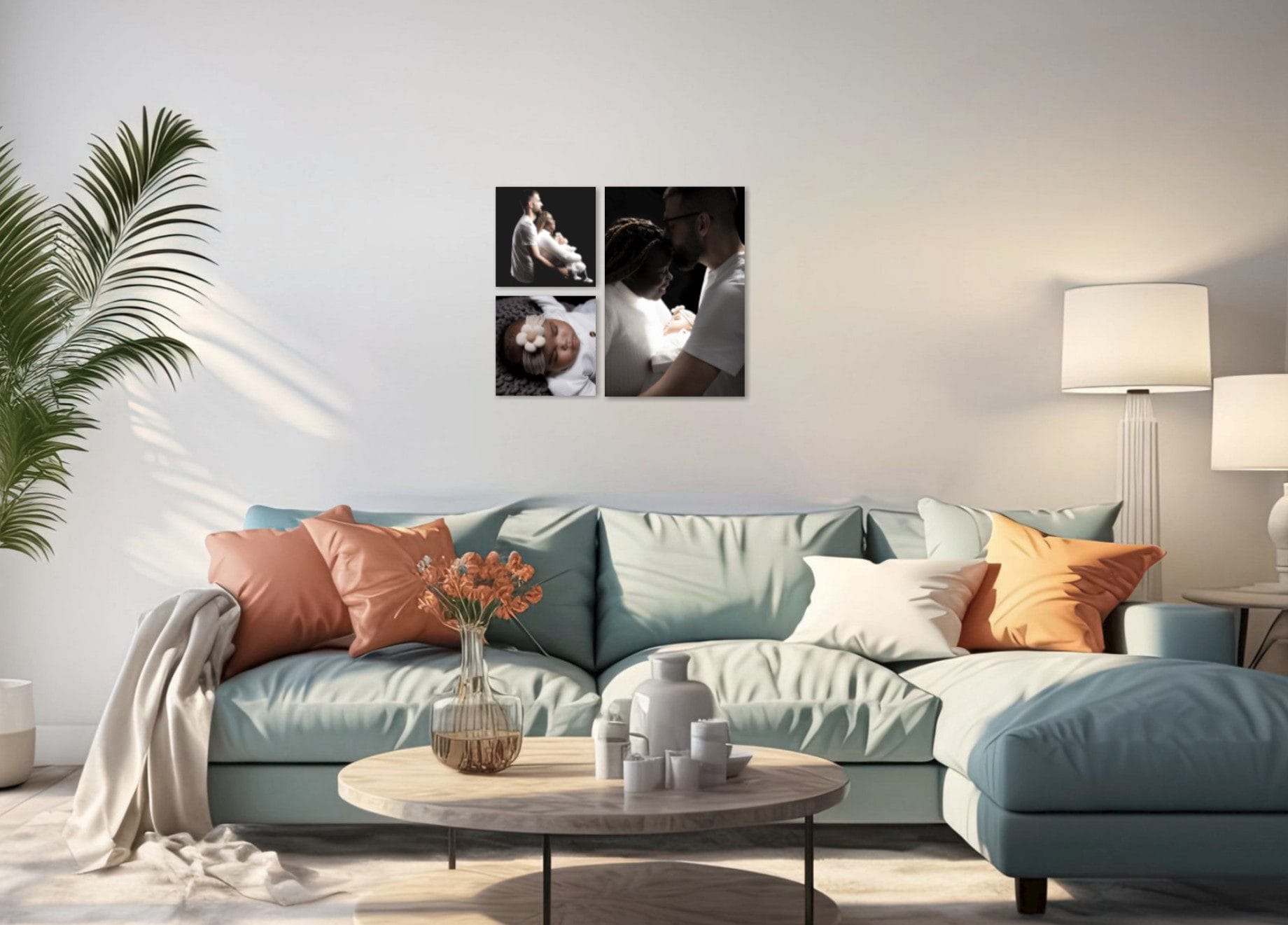 Collection de 3 tableaux d'art issus d'une séance famille au Studio Salvucci, Photographe à Metz. Les tableaux sont mis sur un mur dans un salon.