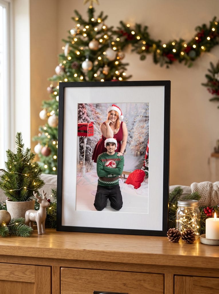 Photo de Noël encadrée, femme et garçon, décorations festives.