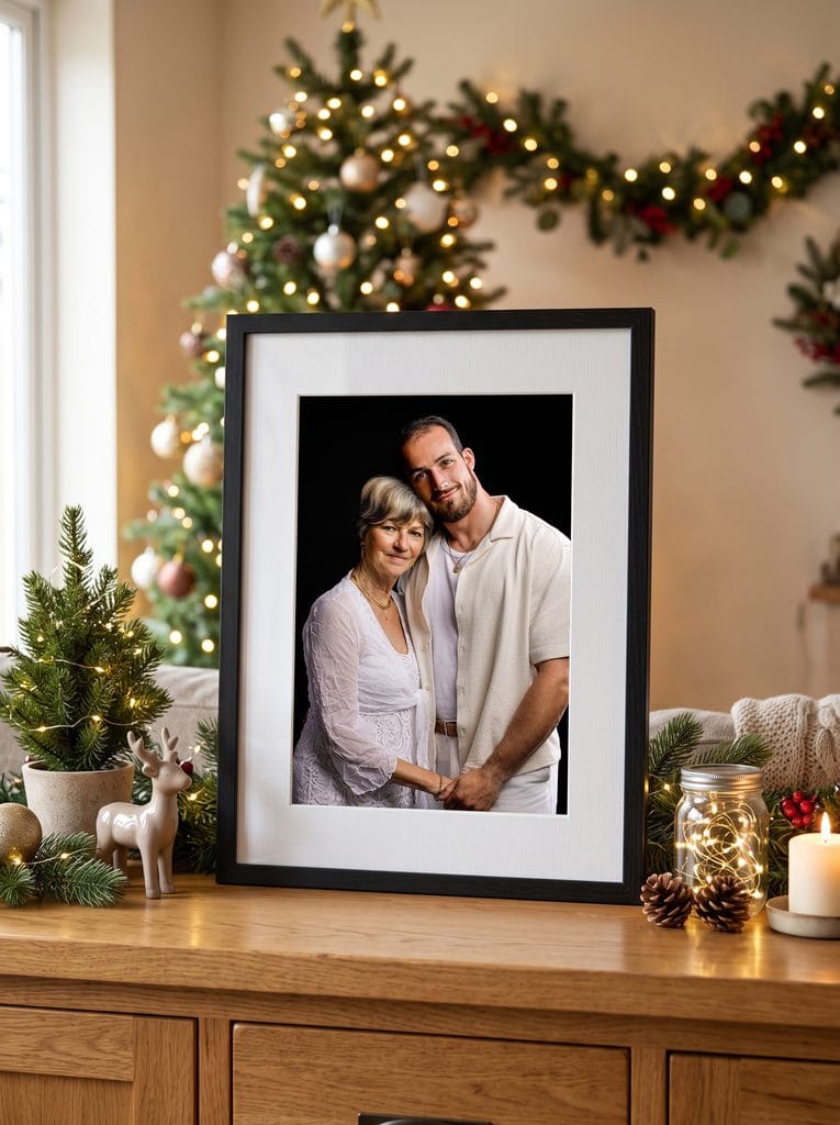 Portrait encadré mère-fils, décor de Noël chaleureux et lumineux.